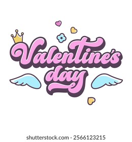 Happy Valentine's Day lettering. Hand drawn outline template in Retro style. Valentine text, cute hearts, golden crown, cupid, angel wings. Valentines typography. Vector cartoon illustration