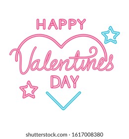 happy valentines day lettering with heart and stars vector illustration design