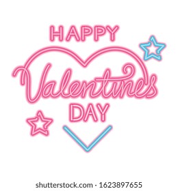 happy valentines day lettering with heart and stars vector illustration design