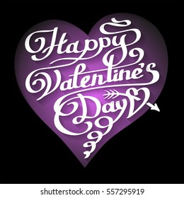 Happy Valentines Day lettering in heart. Hand drawn calligraphy design for greeting card, flyer. White text on gradien violet backgound Paper cut style