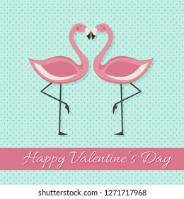 Happy Valentine's Day Lettering illustration with Pink Flamingo. Vector  isolated illustration on blue background 