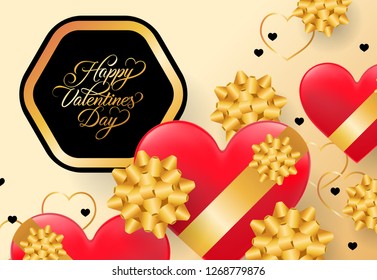 Happy Valentines Day lettering. Inscription in black frame and hearts with golden bows on golden background. Valentine Day holiday. Lettering can be used for invitations, greeting cards, leaflets