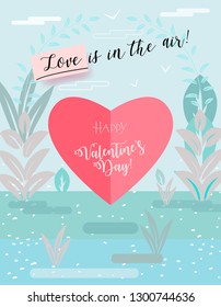 Happy Valentines Day Lettering on floral background with two people, woman and man, flowers and heart shape logo, paper art style, social media landing page concept, greeting card trendy flat design