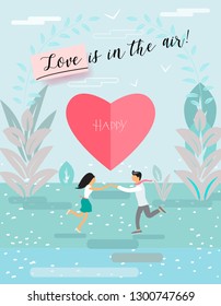 Happy Valentines Day Lettering on floral background with two people, woman and man, flowers and heart shape logo, paper art style, social media landing page concept, greeting card trendy flat design