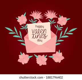 happy valentines day lettering on a bundle of roses vector illustration design