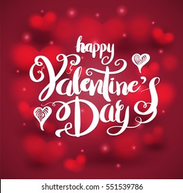 Happy Valentine's day lettering on red hearts background. Vector illustration for valentine's card.