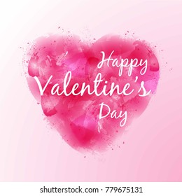 Happy Valentine's Day Lettering on pink watercolor of heart background. Vector illustration. Design elements for banners, posters, greeting cards