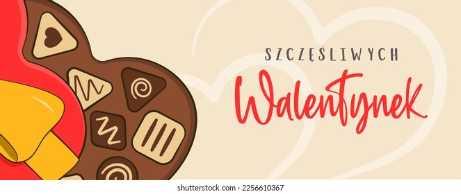 Happy Valentine's Day, lettering in Polish (Szczęśliwych Walentynek). Greeting card. Chocolate candy with heart-shaped box. Cartoon. Vector illustration