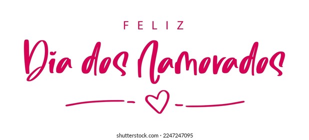 Happy Valentine's Day lettering in Portuguese. Greeting card template with typography, heart and lines. Cartoon. Vector illustration