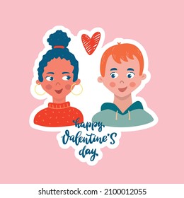 Happy Valentine's day lettering quote deocrated with a cute couple of people. Good for greeting cards, posters, prints, stickers, signs, tags, etc. EPS 10