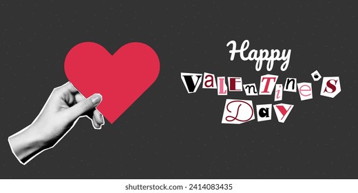 Happy Valentine's Day lettering in ransom note text style. Collage paper cut letters, grunge vector clipart elements. Halftone collage of a hand holding a heart.