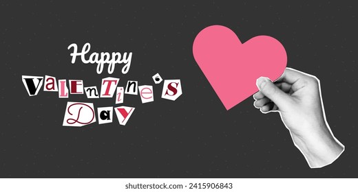 Happy Valentine's Day lettering in ransom note text style. Collage paper cut letters, grunge vector clipart elements. Halftone collage of a hand holding a pink heart.