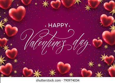Happy valentines day lettering with red hearts balloon background. Vector illustration EPS10