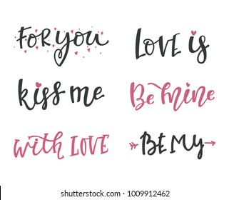 Happy Valentines Day lettering set with handwritten calligraphy text, isolated on white background. Vector Illustration