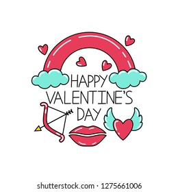 Happy Valentine's Day lettering. Set of valentine's day symbols on white background. Symbols of love - heart with wings, arrow, bow, lips, rainbow.