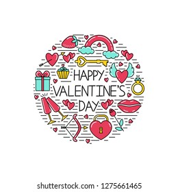 Happy Valentine's Day lettering. Set of valentine's day symbols enclosed in a circle shape. Valentines day icons. Symbols of love - heart, arrow, valentine, gift, lips, rose, ring, rainbow,strawberry.