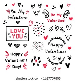 Happy Valentine's Day lettering set with hand-drawn decorative elements.