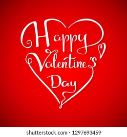 Happy Valentines day lettering in the shape of heart on red background. Vector 10 EPS illustration.
