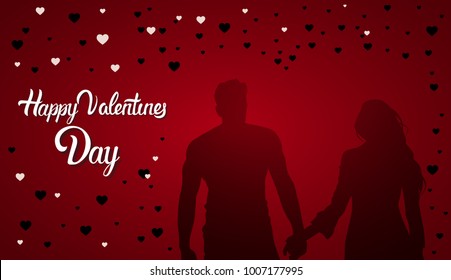 Happy Valentines Day Lettering Silhouette Couple Holding Hands Red Background With Heart Shapes Flat Vector Illustration