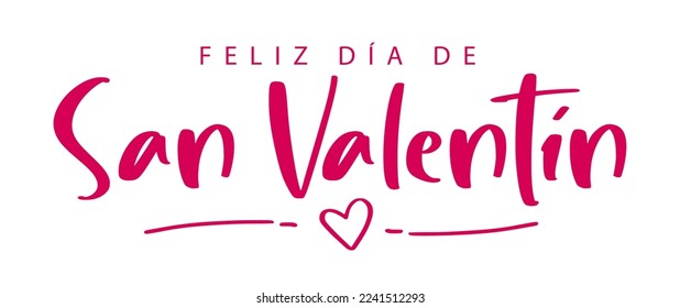 Happy Valentine's Day lettering in Spanish (Feliz día de San Valentín). Greeting card template with typography, heart and lines. Cartoon. Vector illustration