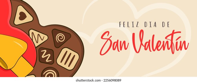 Feliz Día de San Valentín, con letras en español. Tarjeta de felicitación. Caramelos de chocolate con una caja en forma de corazón. Caricatura. Ilustración del vector