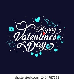 Happy Valentine's Day Lettering in Stylish Script Font on a Deep Blue Background. The Artful Contrast Creates a Magical Atmosphere, Perfect for a Night of Love and Romance