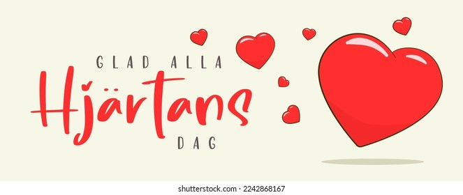 Happy Valentine's Day lettering in Swedish (Glad alla hjärtans dag). Banner template. Cartoon. Vector illustration