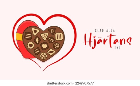 Happy Valentine's Day, lettering in Swedish (Glad alla Hjärtans Dag). Greeting card. Chocolate candy with heart-shaped box. Cartoon. Vector illustration