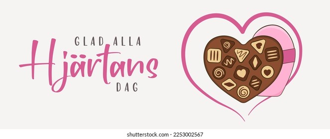 Happy Valentine's Day, lettering in Swedish. Banner. Chocolate candy with heart-shaped box. Cartoon. Vector illustration