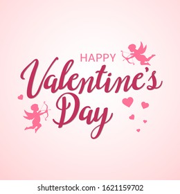 Happy Valentine's day lettering text with hearts and Cupids. Handwritten Valentines greeting card template, vector.