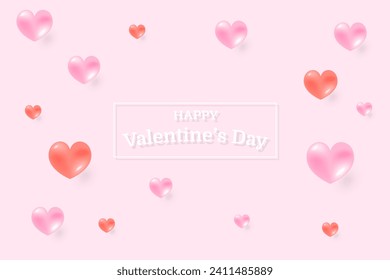 Happy Valentine's Day Lettering Text Background With Pink And Red Heart. Vector Illustration. White Frame. Card. Wallpaper. Banner. Backdrop