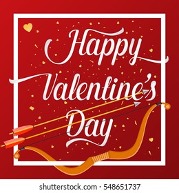 Happy Valentines Day lettering text with golden bow and arrow . Holiday typography design for Valentines Day. Vector Illustration. For greeting card, flyer, poster or banner.