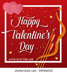 Happy Valentines Day lettering text with golden bow and arrow . Holiday typography design for Valentines Day. Vector Illustration. For greeting card, flyer, poster or banner.