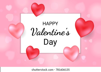 Happy Valentine's Day Lettering Text Background With Red Heart And Frame. Vector