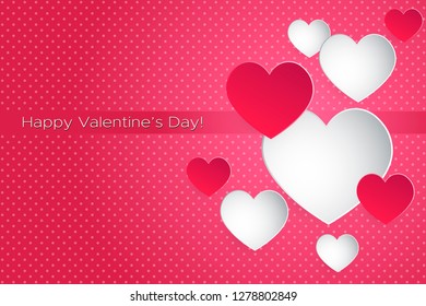 Happy Valentine's Day lettering Vector illustration! Beautiful Heart! Abstract paper art 3D Hearts on pink background. 