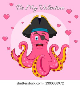  Happy Valentine's Day lettering Vector isolated  illustration with  Cute Pink Pirate octopus.  Print for T-shirt or children book on pink background with hearts  Abstract paper art 