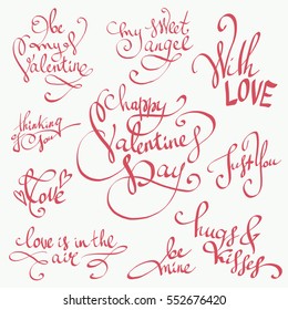 Happy Valentine's Day lettering vector set. Sweet, love and happiness motivation quotes. Hand drawn calligraphy clipart collection great for greeting cards, wedding invitations, posters and stamps. 