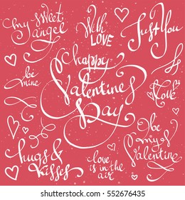 Happy Valentine's Day lettering vector set. Sweet, love and happiness motivation quotes. Hand drawn calligraphy clipart collection great for greeting cards, wedding invitations, posters and stamps. 