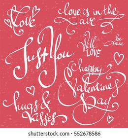 Happy Valentine's Day lettering vector set. Sweet, love and happiness motivation quotes. Hand drawn calligraphy clipart collection great for greeting cards, wedding invitations, posters and stamps. 