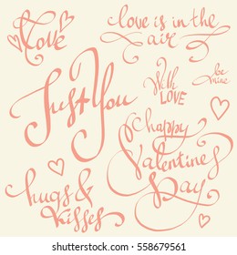 Happy Valentine's Day lettering vector set. Valentine decorations. Sweet, love and happiness motivation quotes. Cute hand drawn collection for greeting cards, wedding invitations, posters and stamps. 