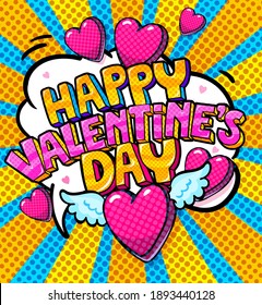 Happy Valentine's day lettering and winged heart in pop art style. Concept of love. Valentine's day greeting card on yellow and blue background
