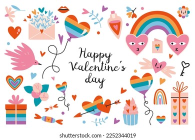 Happy Valentine's Day LGBT elements set. Concept of homosexual love. Romantic objects like hearts, rainbow, cartoon style. Trendy modern vector illustration isolated on white, hand drawn, flat