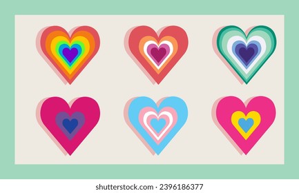 Happy Valentine's Day LGBT elements set. Romantic objects with striped hearts, rainbow, cartoon style. Trendy modern vector illustration, hand drawn