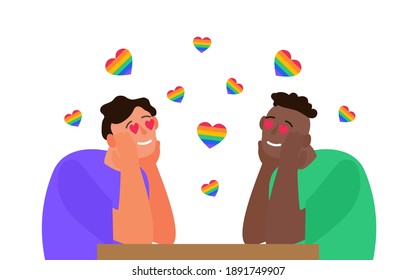 happy valentines day lgbt gay couple two men with heart eyes fall in love vector illustration