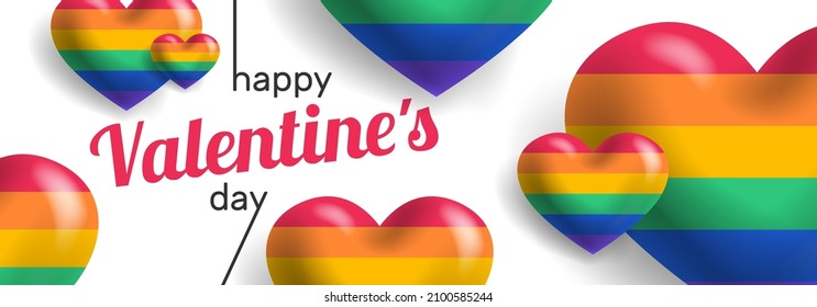 happy valentines day lgbt horizontal banner design with rainbow colors 3d hearts vector illustration