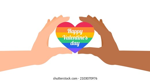 happy valentines day lgbt pride community two hands holding rainbow colors heart vector illustration