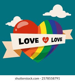 Happy valentines day with LGBTQ concept. Heart shape and rainbow flag flat design style background. Design element can be used for poster, postcard, backdrop, brochure, banner, vector illustration