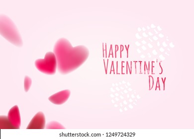 Happy Valentine's Day light pink beautiful background with two soft red hearts and flying blurred petals. Vector illustration.