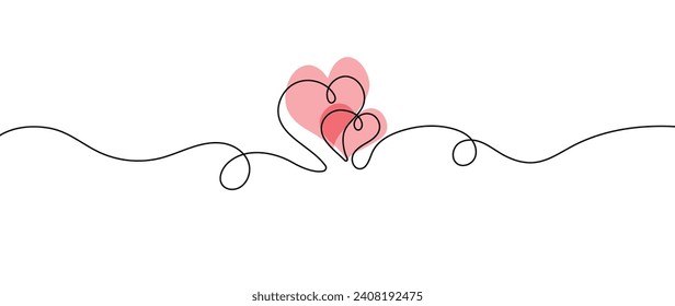 Feliz día de San Valentín, vector de fondo de arte en línea. Un símbolo continuo y romántico de los corazones y el corazón rosado en forma de corazón. Ilustración del doodle de amor para tarjeta de felicitación, banner web, invitación, arte mural.