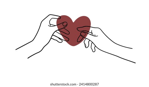 Happy Valentine's Day line art drawing. Minimalist line art illustration. Continuous one-line drawing heart with hands. Vector illustration 